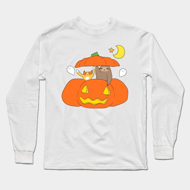 Tabby Cat Sloth and Pumpkin Long Sleeve T-Shirt by saradaboru